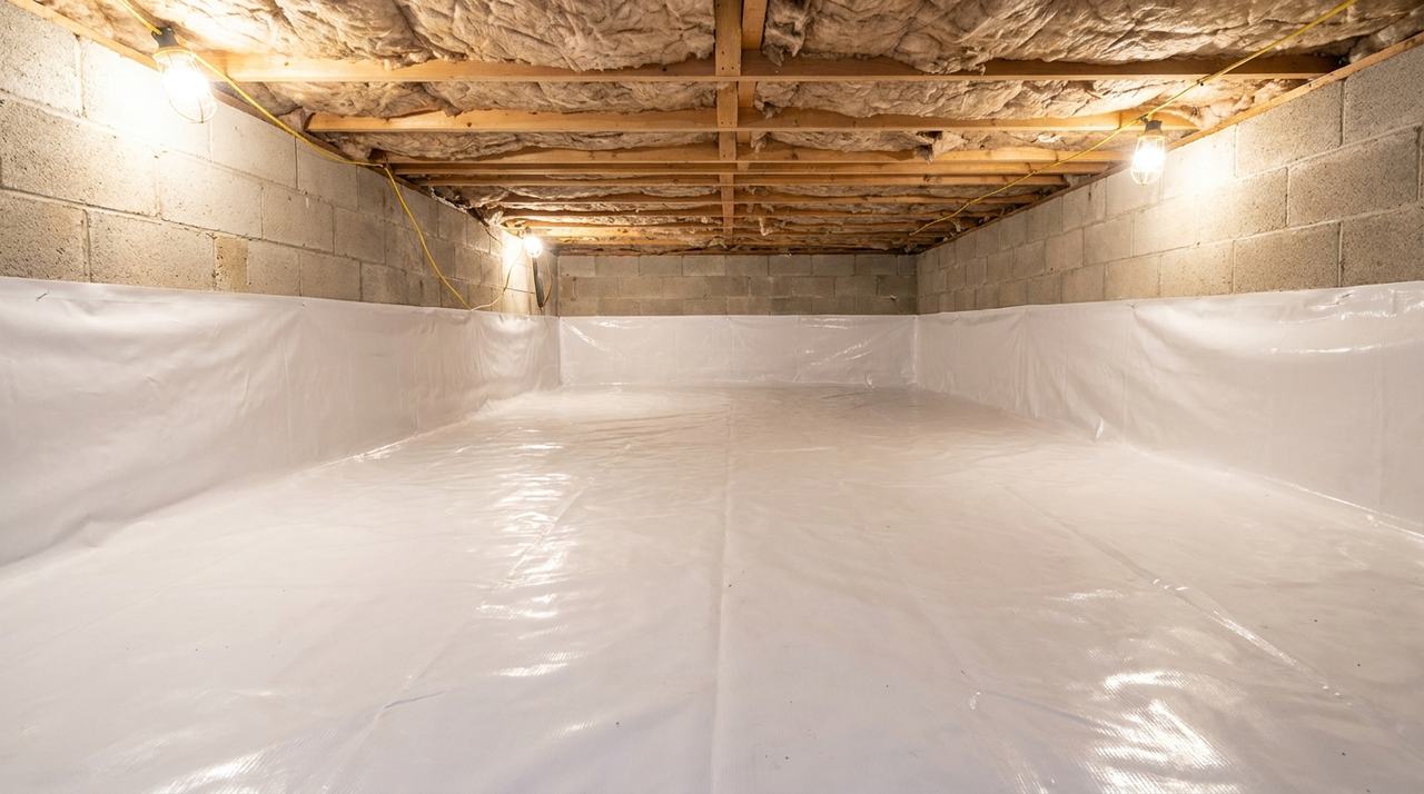 A crawl space with heavy white plastic membrane sealed across the dirt floor and up the foundation walls