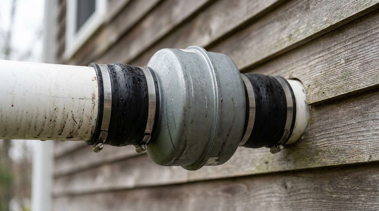 An inline radon fan mounted on a white PVC vent pipe against home siding