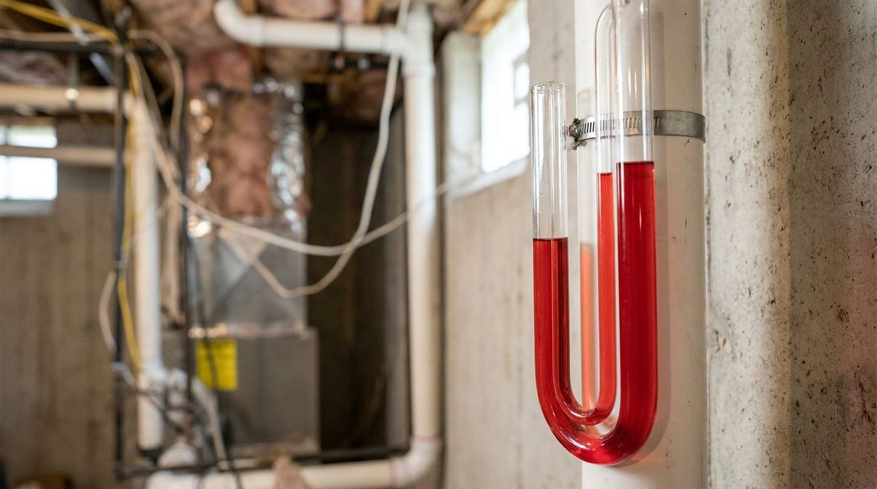 A U-tube manometer mounted on a white radon vent pipe showing a pressure reading