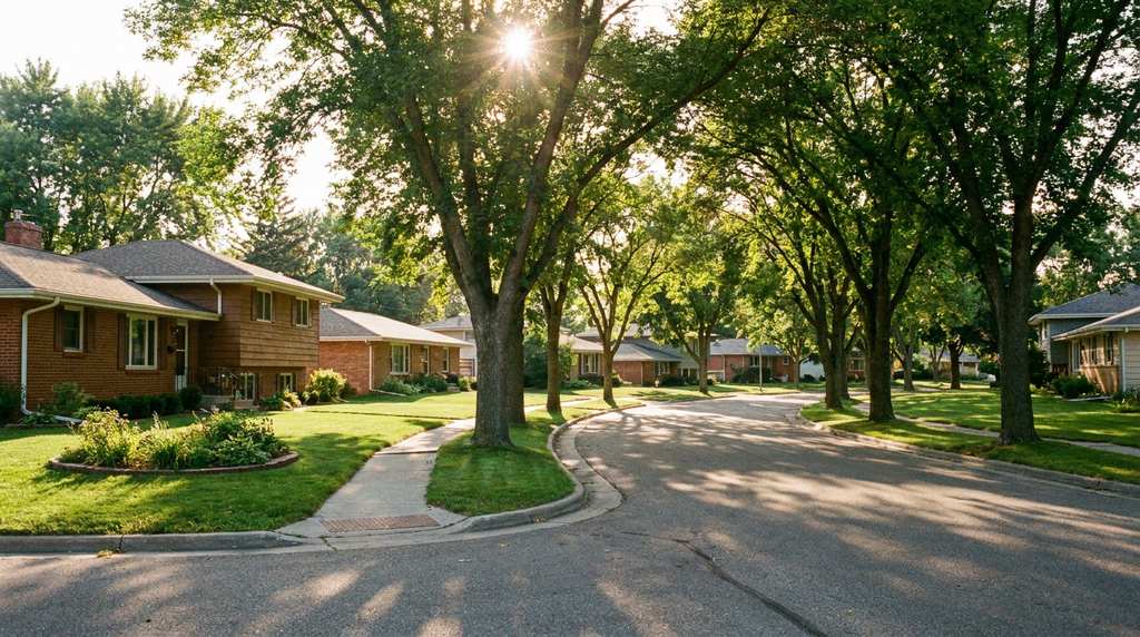 A quiet residential street of single-family homes with mature trees in central North Dakota
