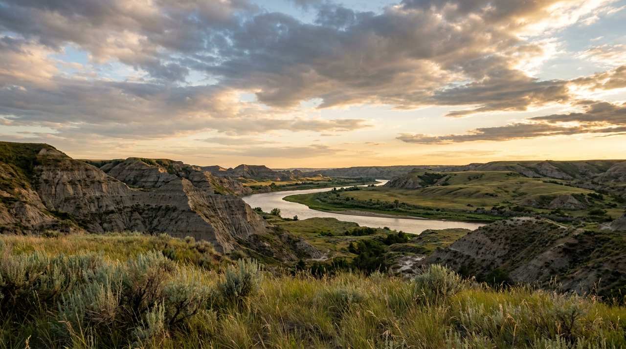 Eroded shale bluffs above the Missouri River under a wide prairie sky in central North Dakota