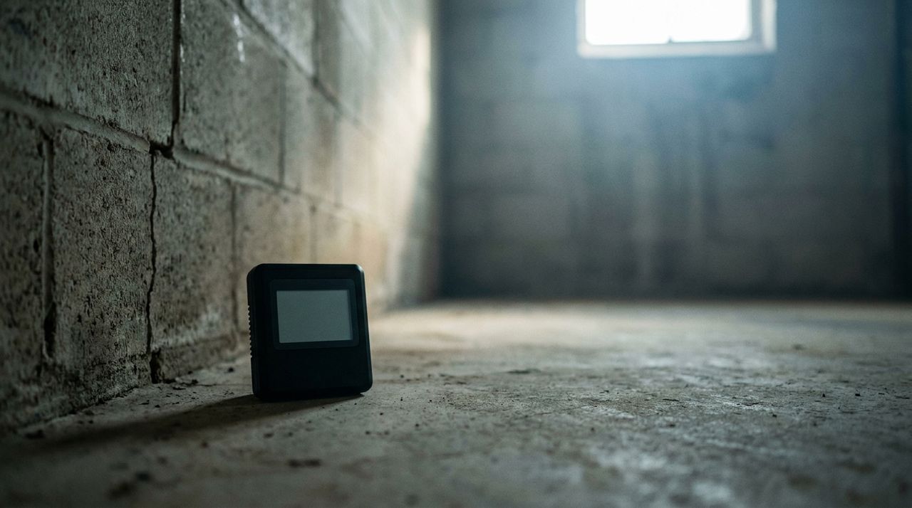 A radon test device sitting on a concrete basement floor near a foundation wall