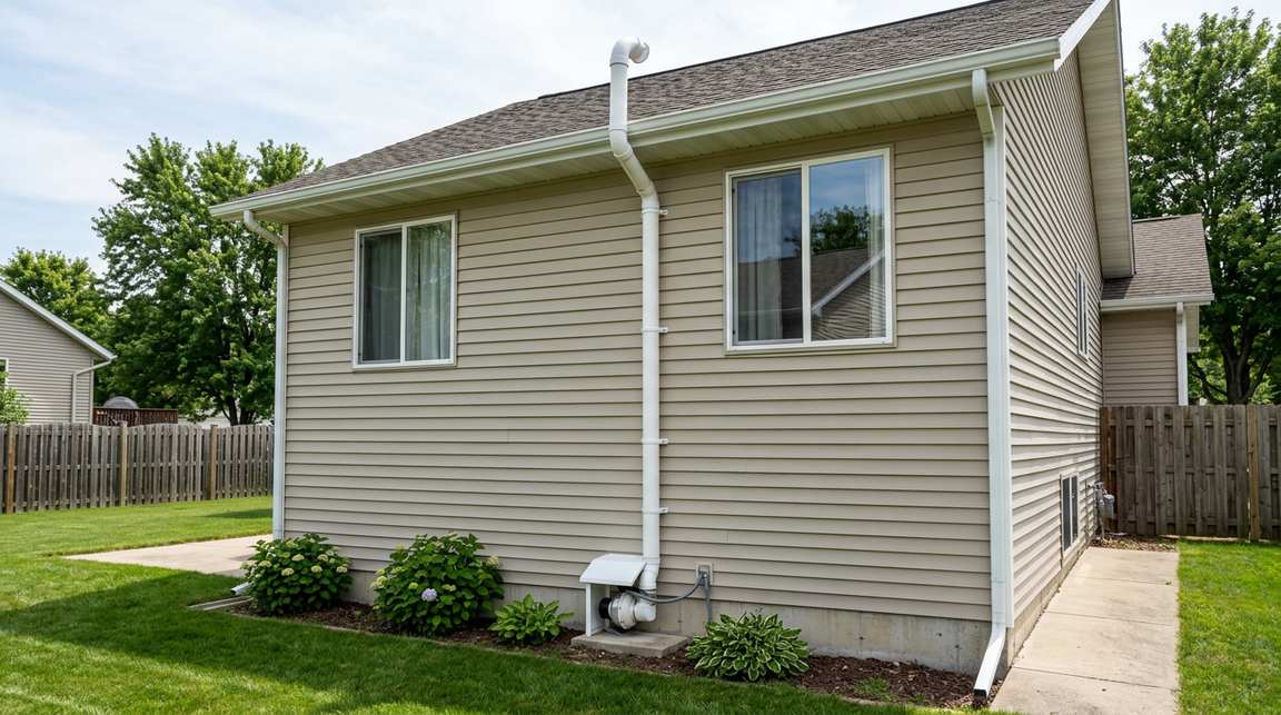 Sealed radon vent pipe running up the exterior wall of a home to above the roofline
